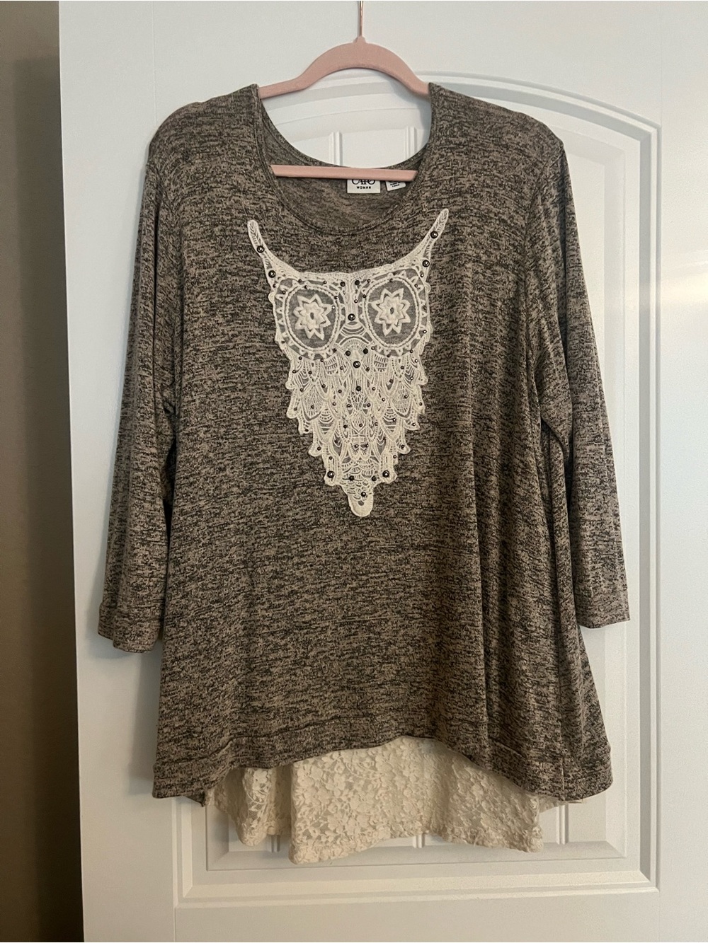 Cato Heathered Brown Tunic with Cream Lace Applique